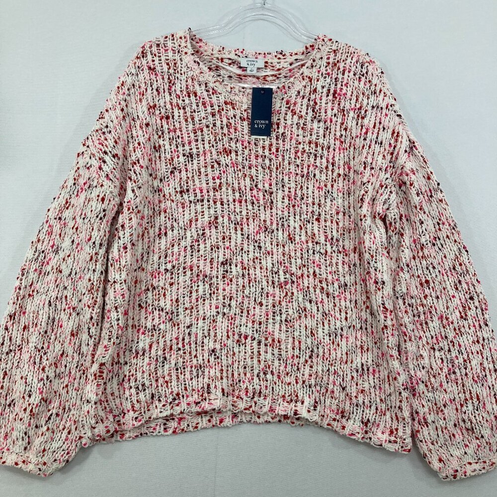 New Crown & Ivy Large Pink White Speckled Soft Slouchy Cozy Sweater